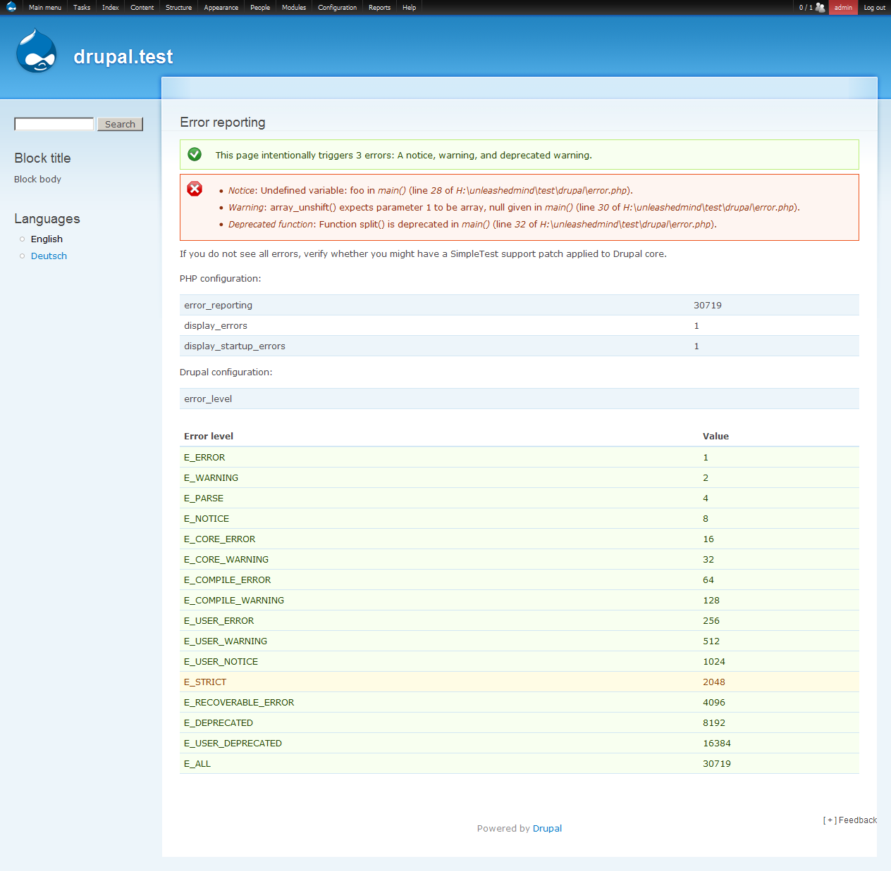 Error handling status report