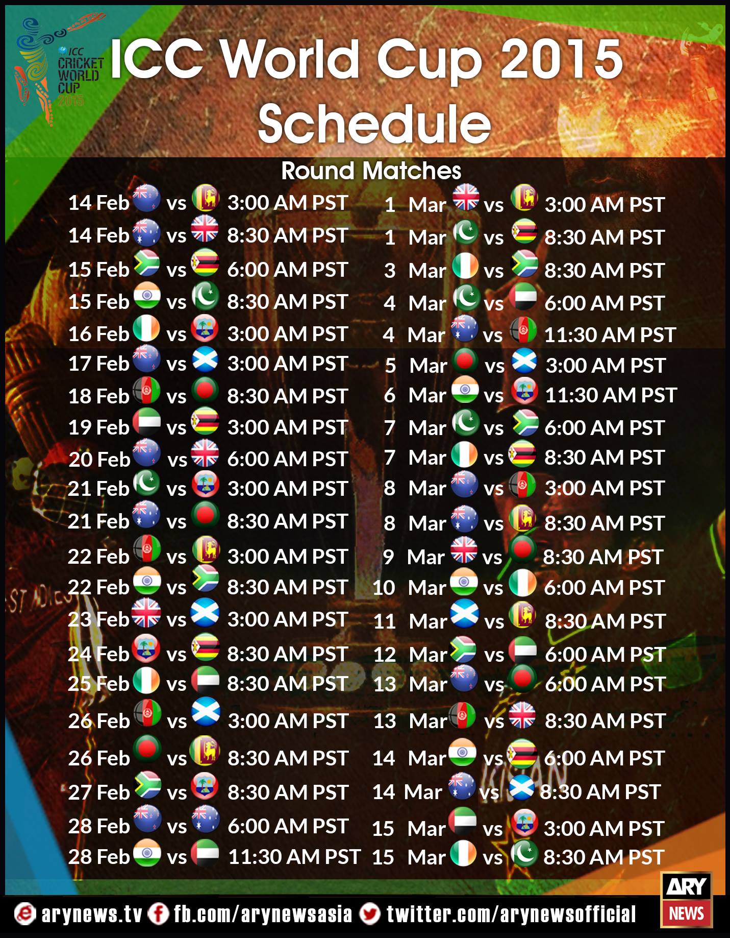 CWC2015 Matches Schedule