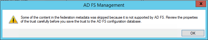 ADFS SP Import Warning