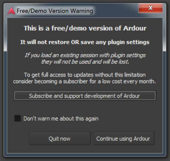 Ardour Freebie Warning