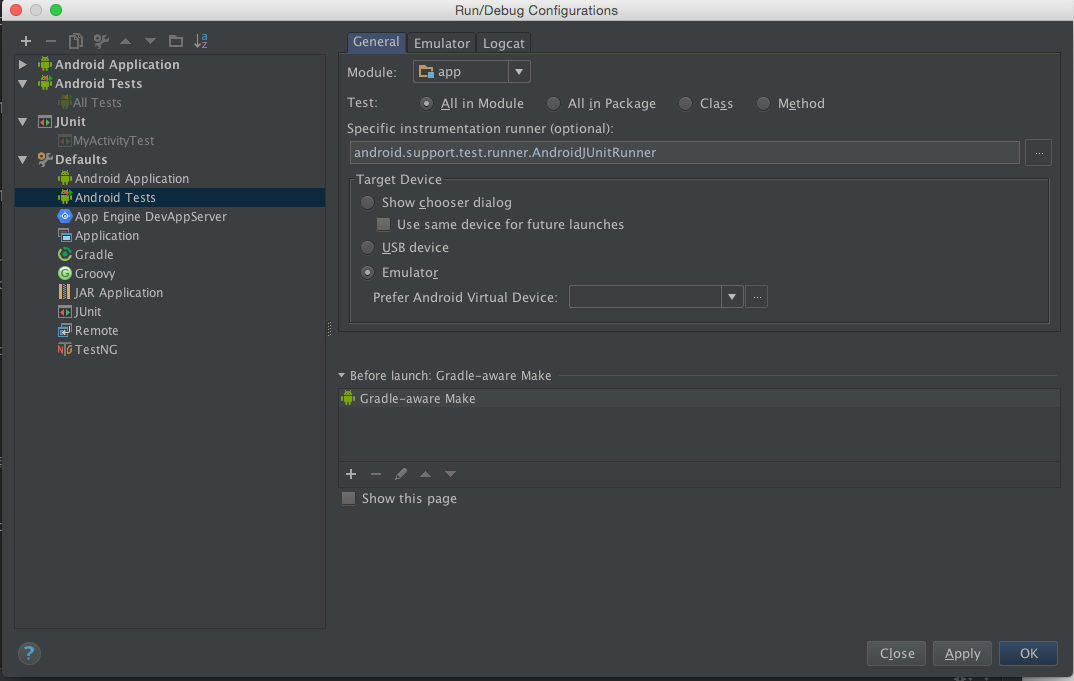 Android Tests default configuration