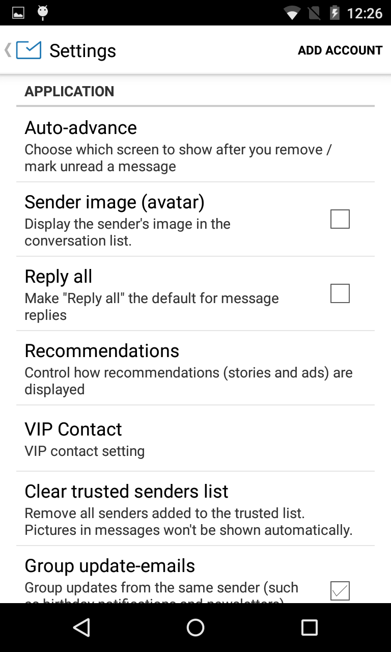 MailWise menu screenshot - avatars disabled