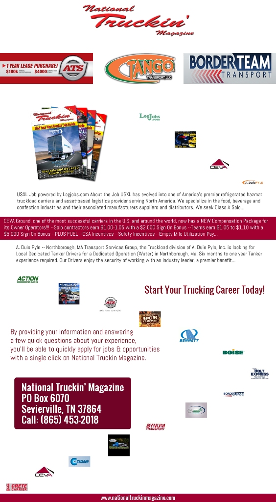 <p><a href="http://www.nationaltruckinmagazine.com"><b>Truck Driving Jobs Online</b></a><br/>