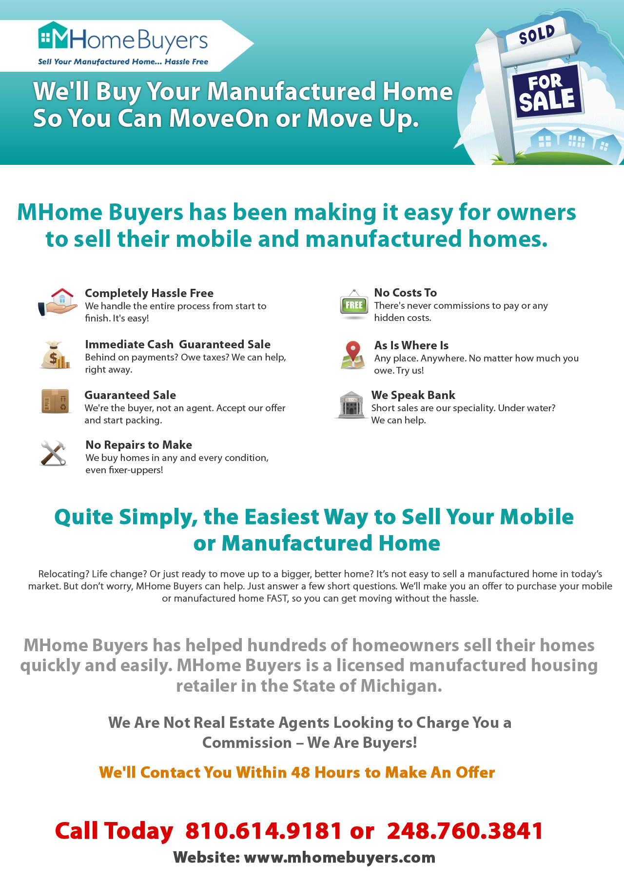 <p><a href="http://www.mhomebuyers.com/"><b>MI Sell Mobile Homes Fast</b></a><br/>