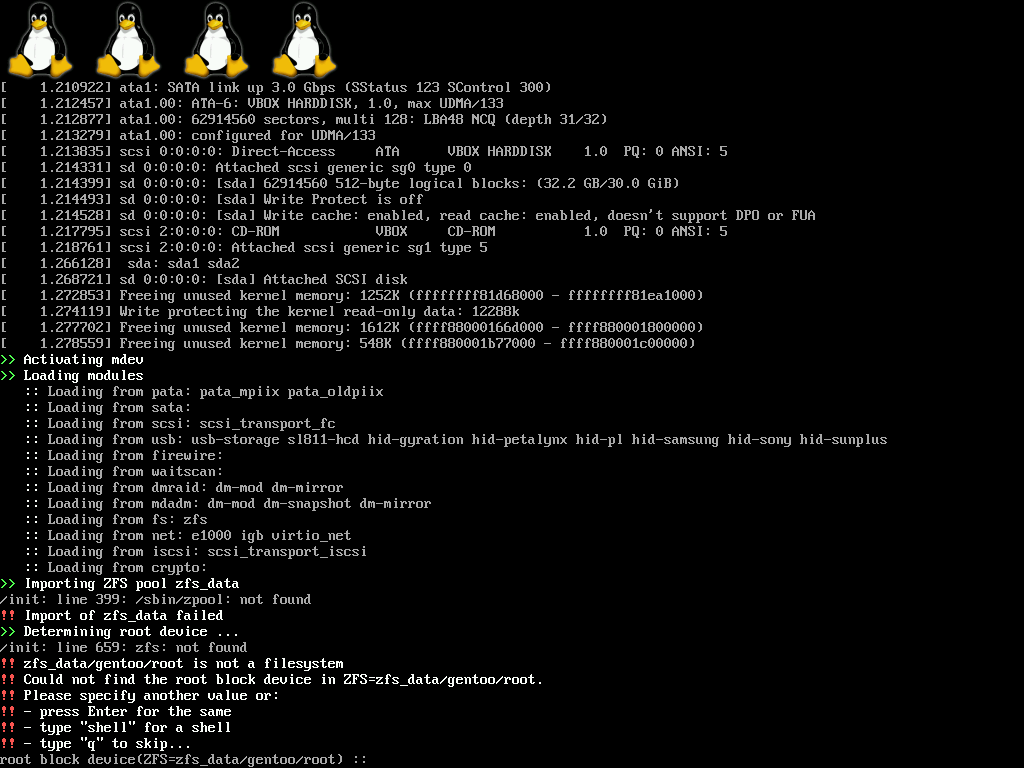 VirtualBox Screen shot of boot with zfs 0.6.5 on /