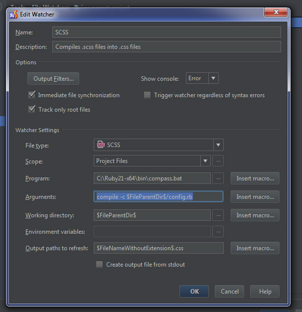 windows phpstorm configuration file watcher compass scss