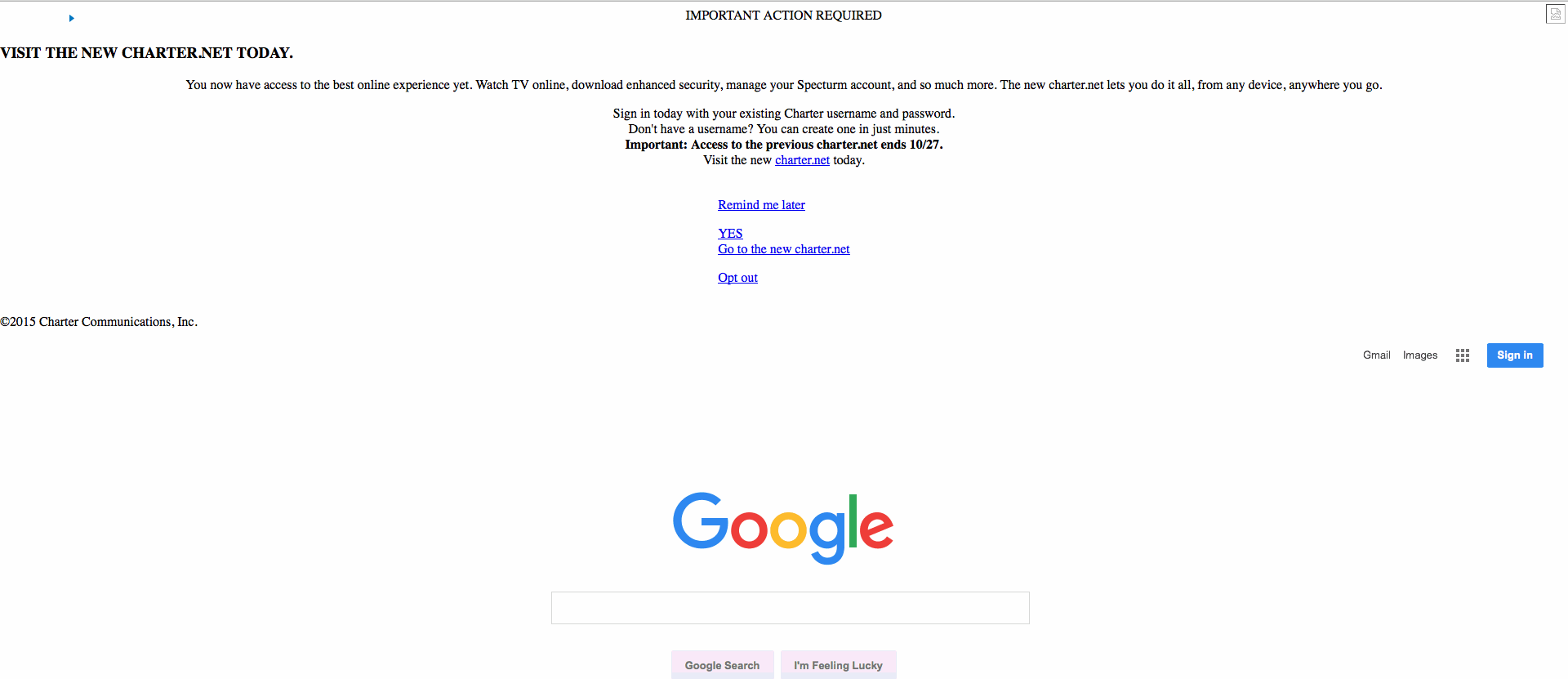 Charter popup message