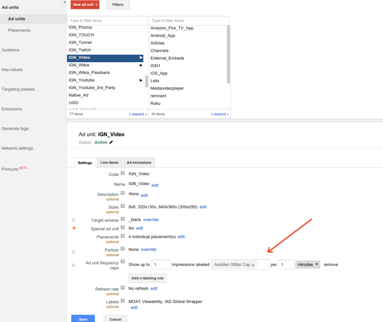 Frequency Capping Label in Ad Unit Settings