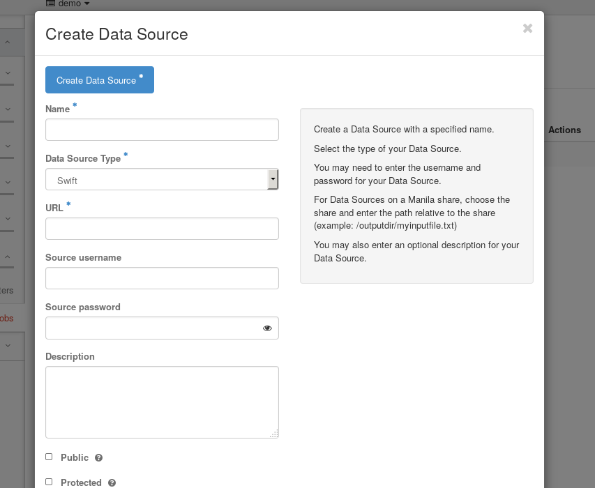 Sahara - Mitaka - Create DataSource