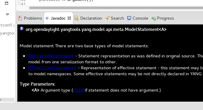 Javadoc view with black background and dark blue emphasis text