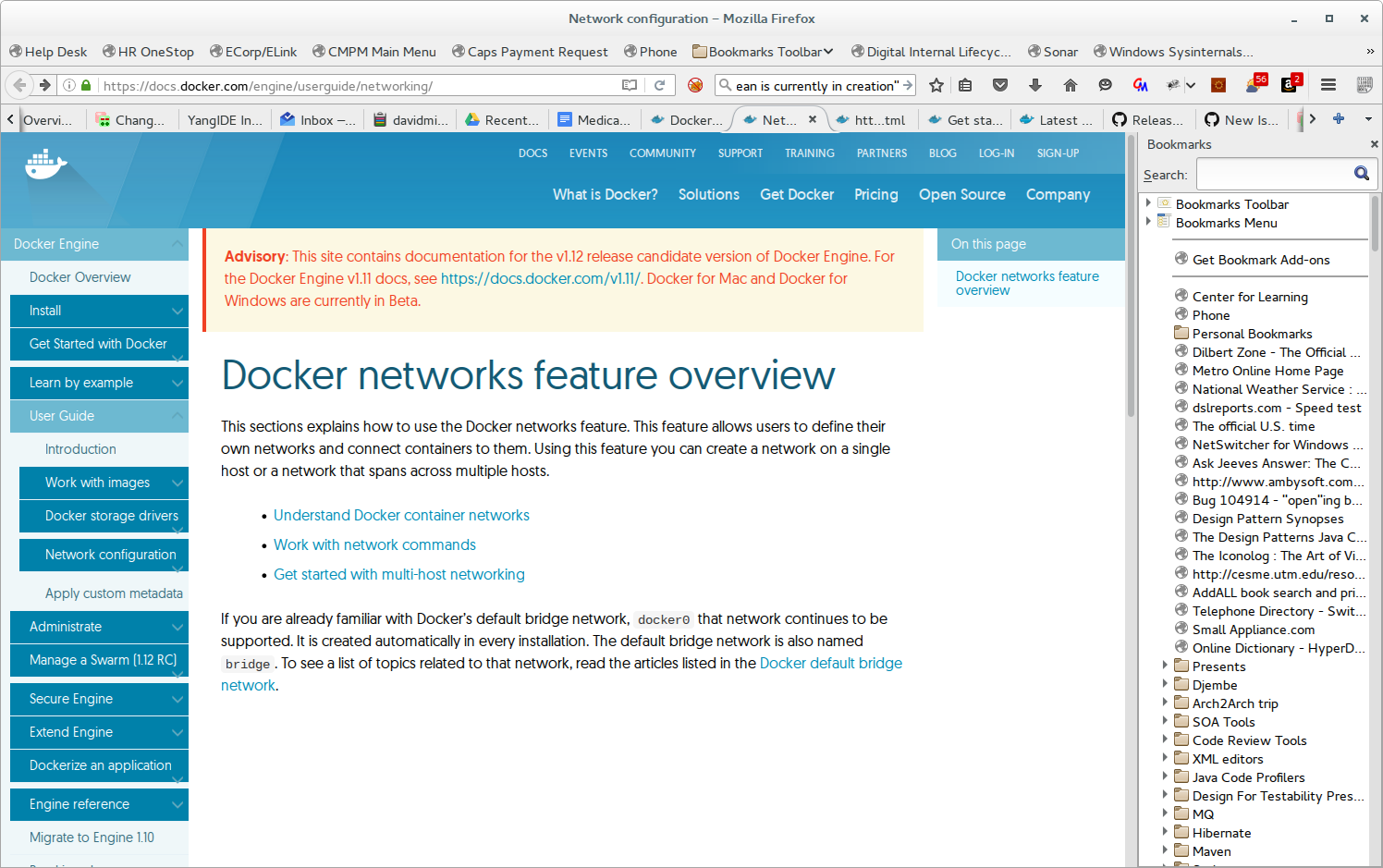 Docker web site showing content and left nav
