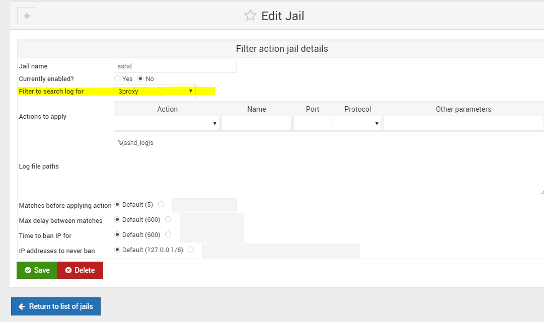 Webmin Fail2Ban Jail Actions details