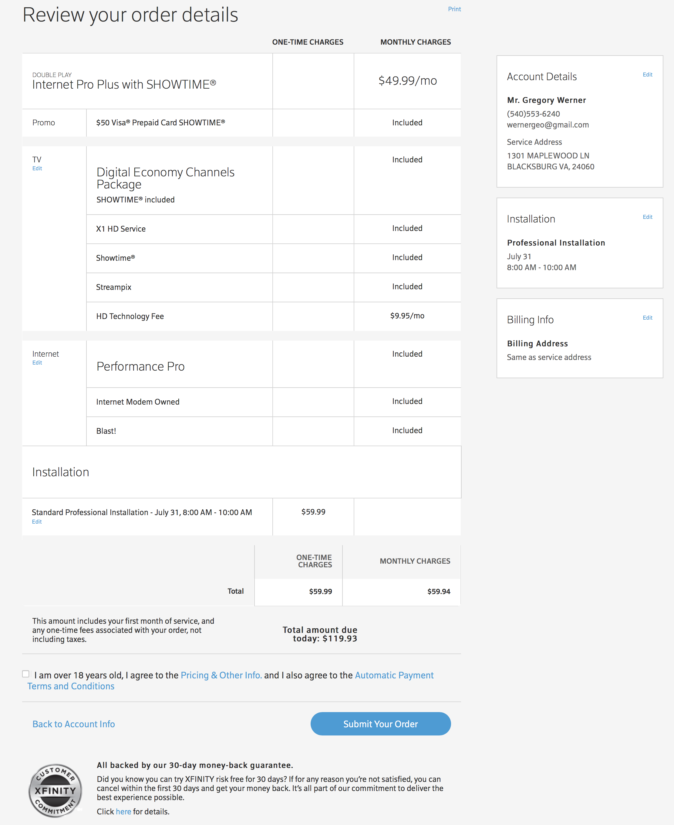 Gregory Werner Xfinity Order Details