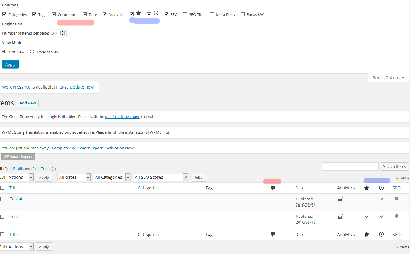 WordPress Screen Options
