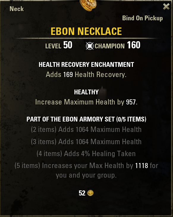 ESO 2.6 PTS Ebon Necklace CP160 Legendary Healthy Bind-on-Pickup