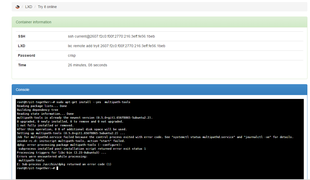 #apt-get install --yes multipath-tools    package is not installing on LXD containers