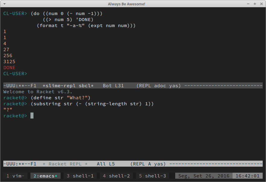 Emacs running SLIME for Common Lisp and Geiser for Scheme/Racket