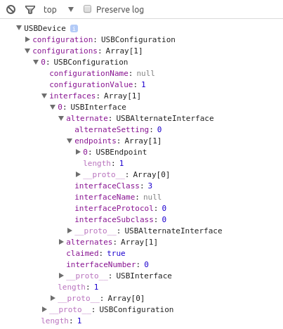 console.log on usb device in linux