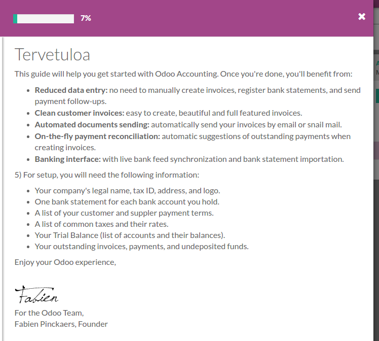 Odoo Progress welcome page