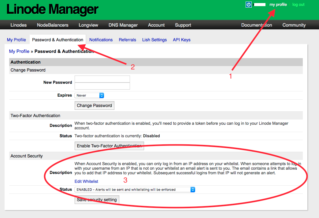 Linode - Account Security Whitelist Settings