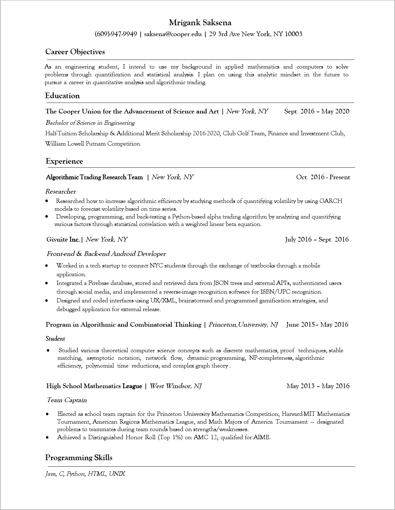 Mrigank's Resume
