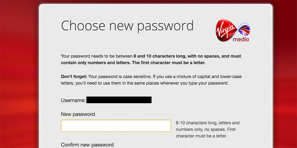 Virgin media password reset