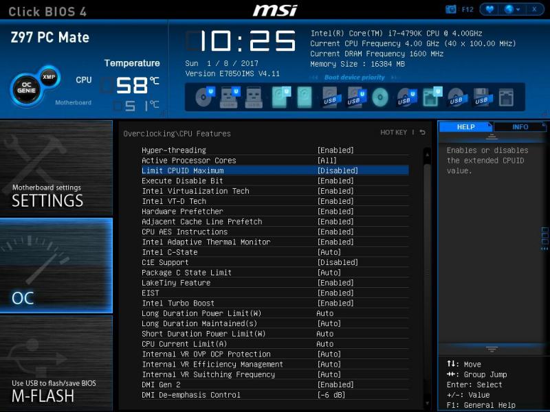 CPU BIOS settings