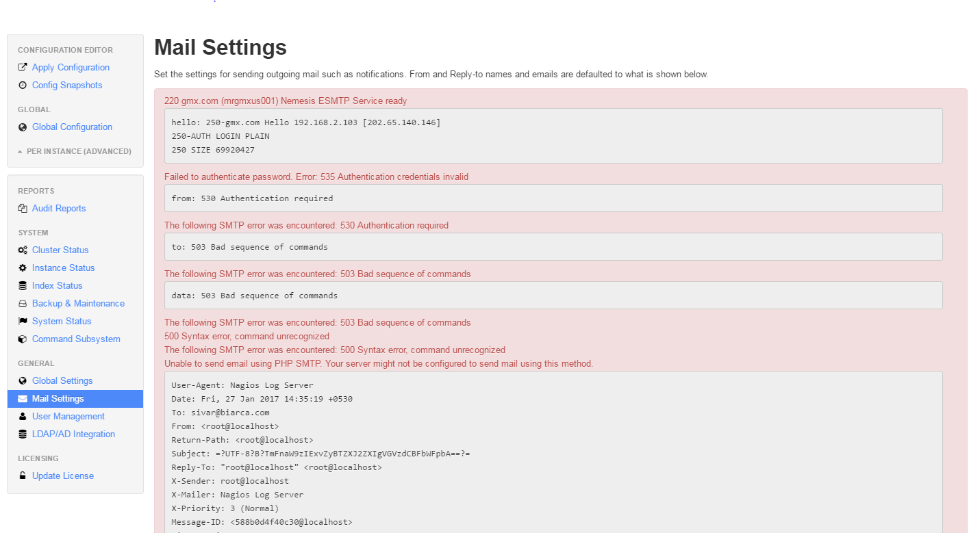 Tried to test mail settings but facing issue