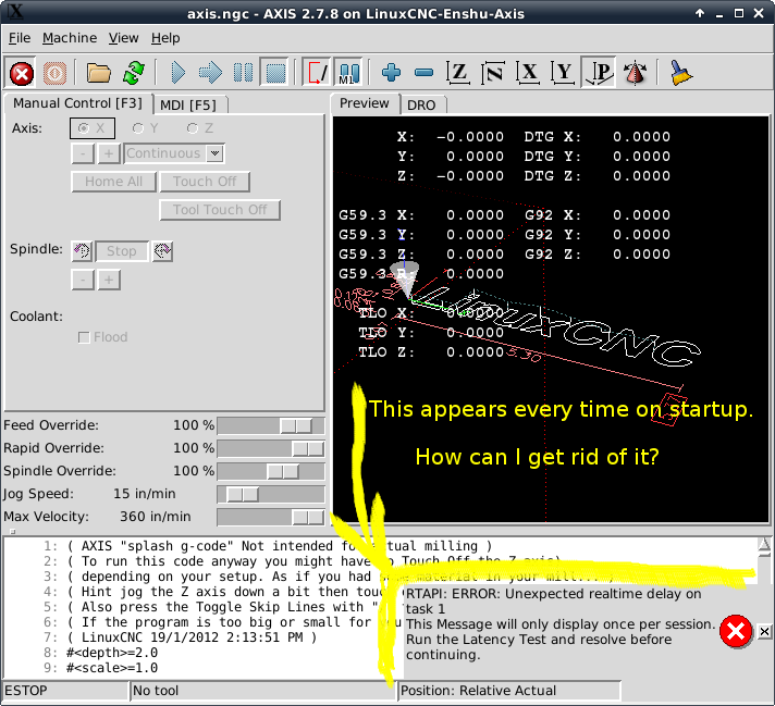 LinuxCNC Startup Error Screenshot