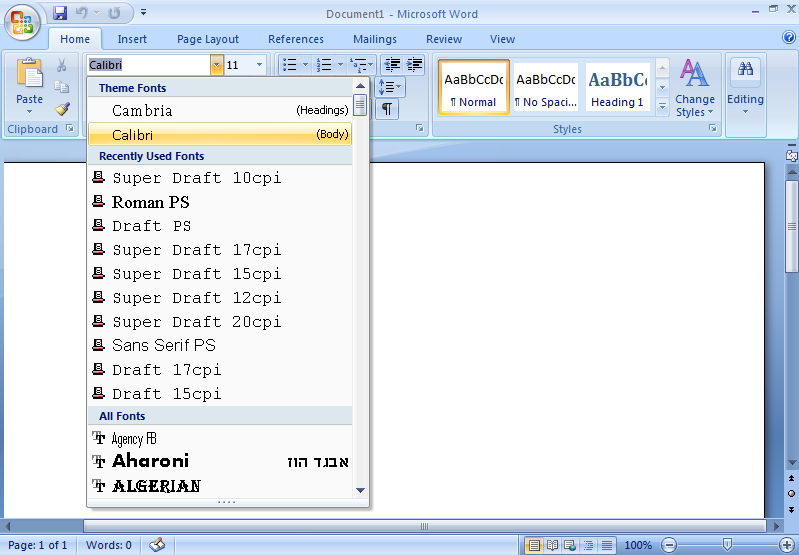 MS Office Built in Printer Fonts