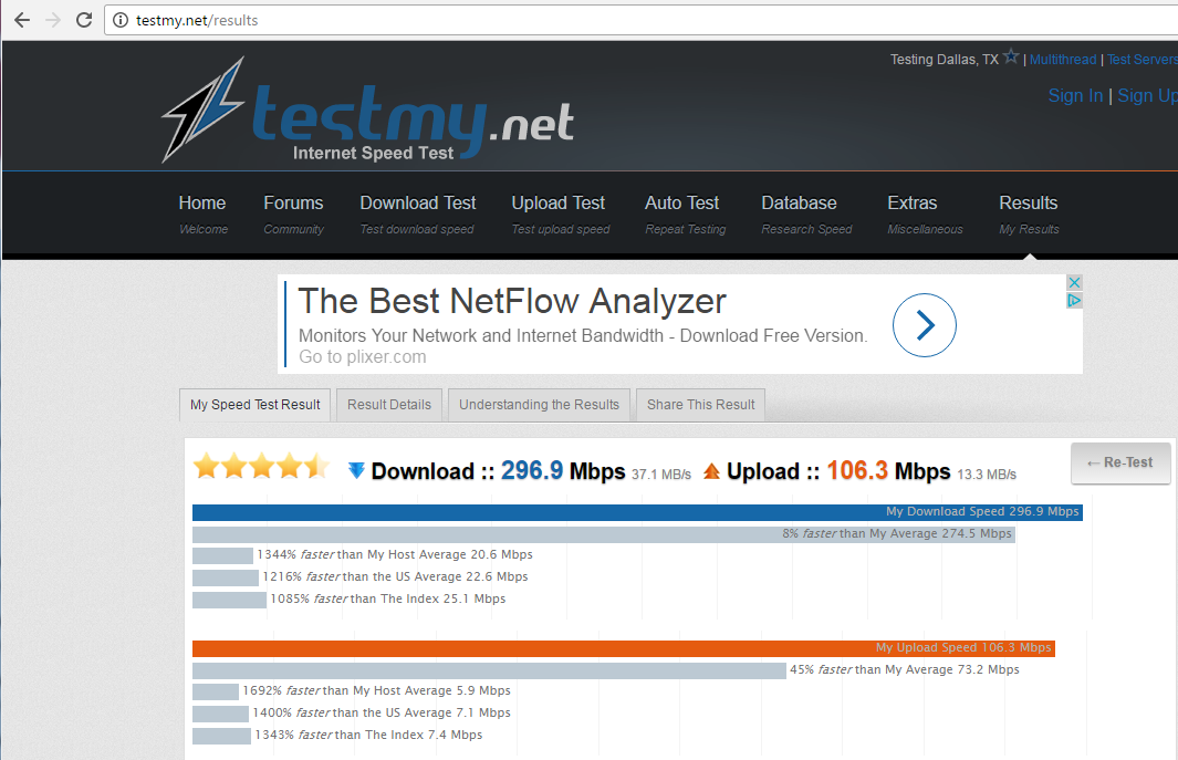 Florida to Texas speedtest with TestMy.net
