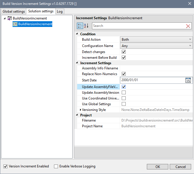Build Incrementor Project Settings