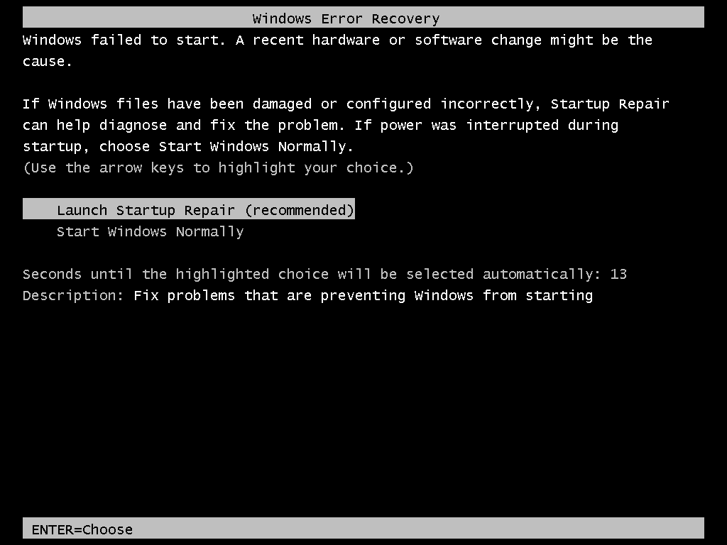If you did it correctly, you should get this screen. If you get something like "Windows did not shut down correctly," try again. Otherwise, select "Launch Startup Repair."