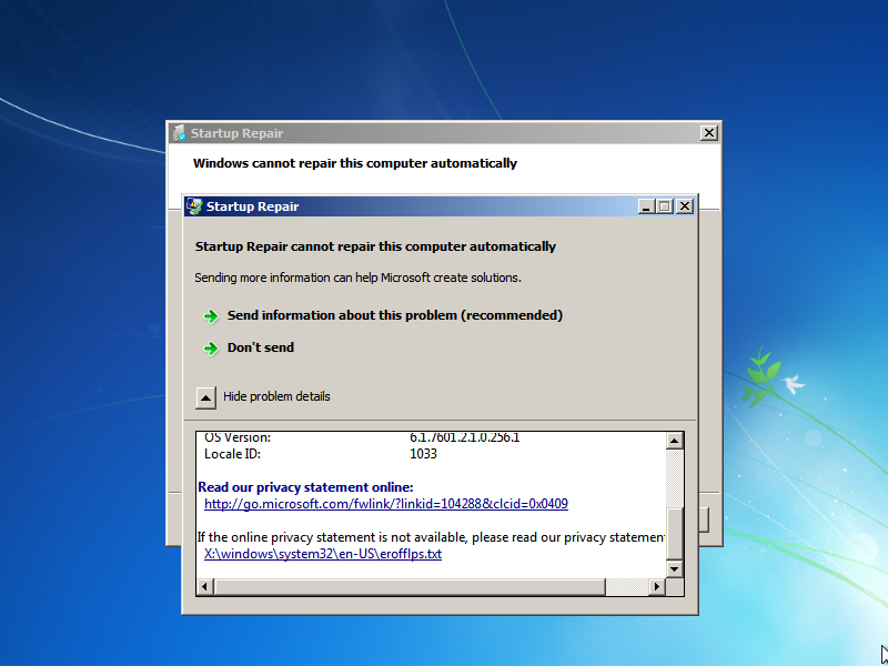 When you get this window, click on "Show problem details." Scroll down, and click the link on the very bottom. Notepad should pop up.