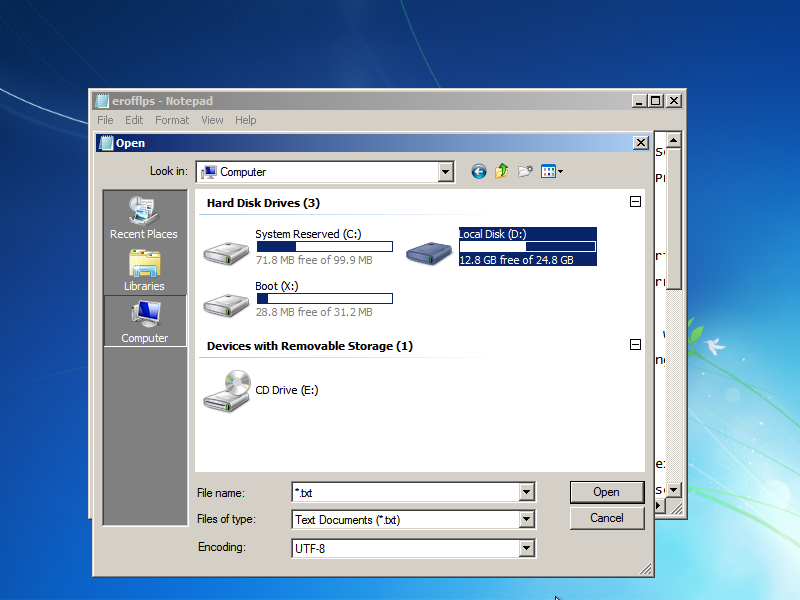 Go to File/Open, and double-click your "Local Disk" (Mine is D:/ because I have a virtual machine. Yours will probably be C:/).