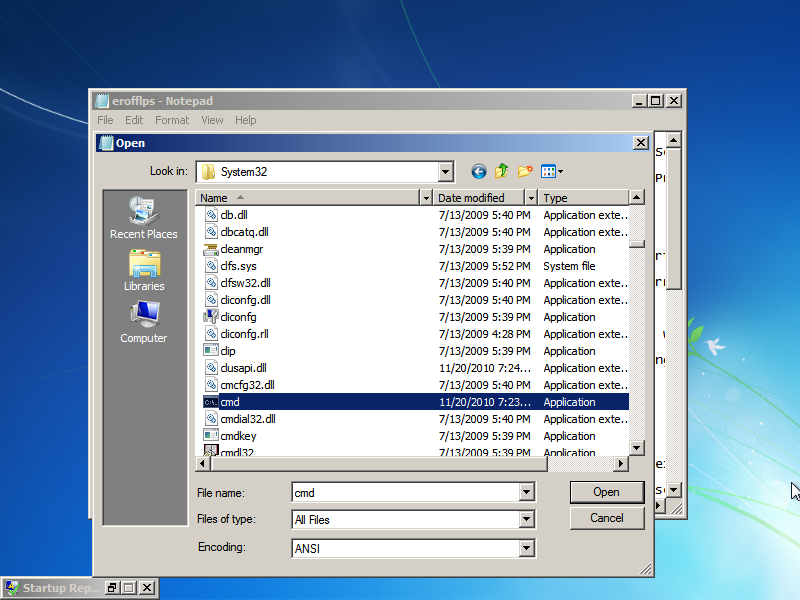 Go to Windows/System32. Now do EXACTLY as I say, or you MIGHT break the computer. Under "Files of type," select "All files." Scroll down and find "cmd," then make a copy of it in the same folder (Ctrl-C, Ctrl-V). You should get a file named "cmd - Copy" or something like that.