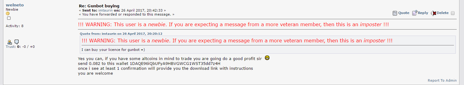 SCAM! Selling gunbot license