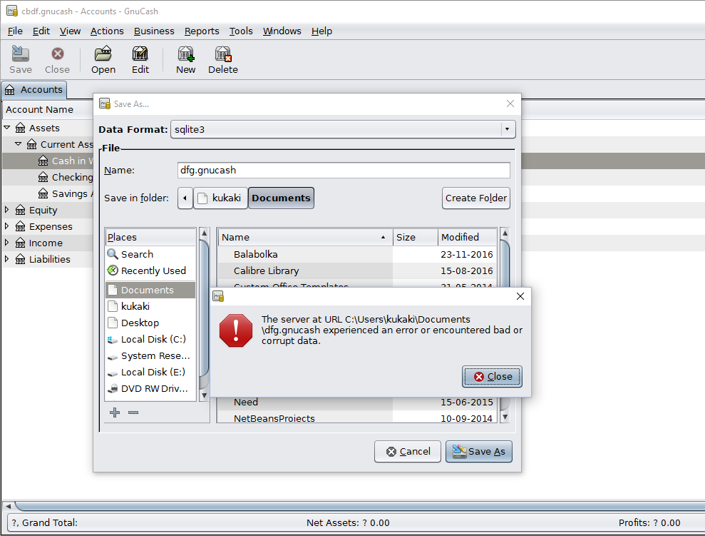 GnuCash sqlite error