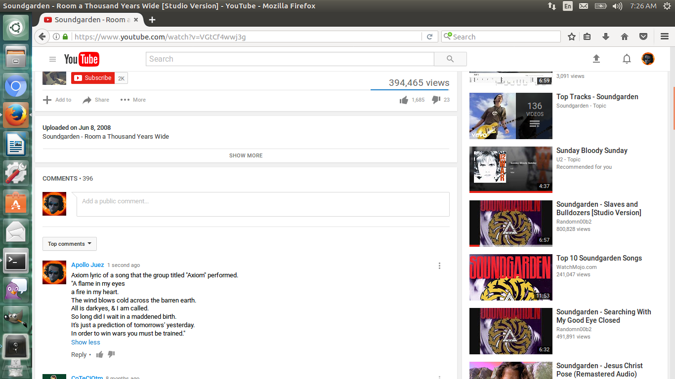 Post to the youtube page for the song titled "Room a Thousand Years Long"