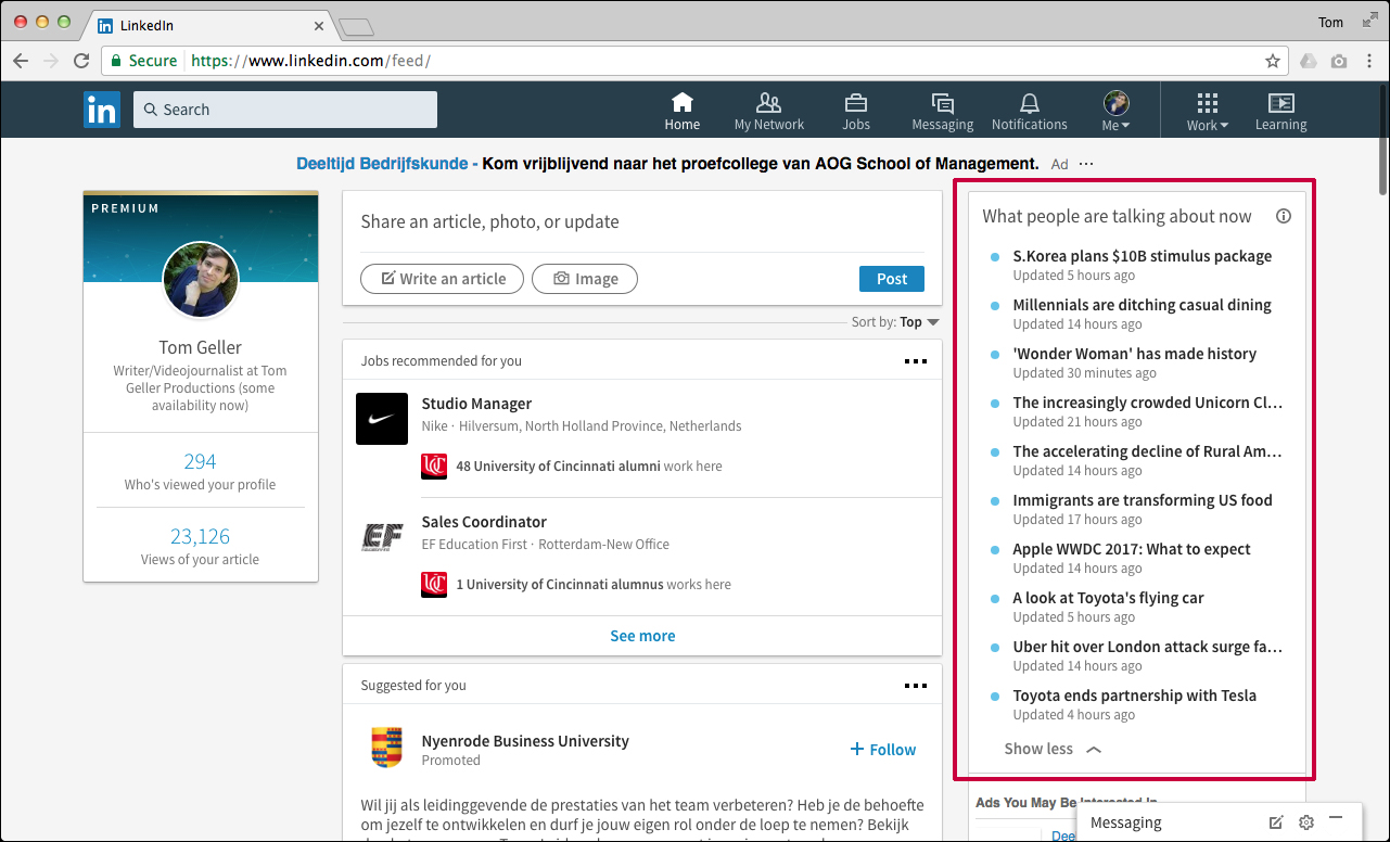"Trending" column on LinkedIn