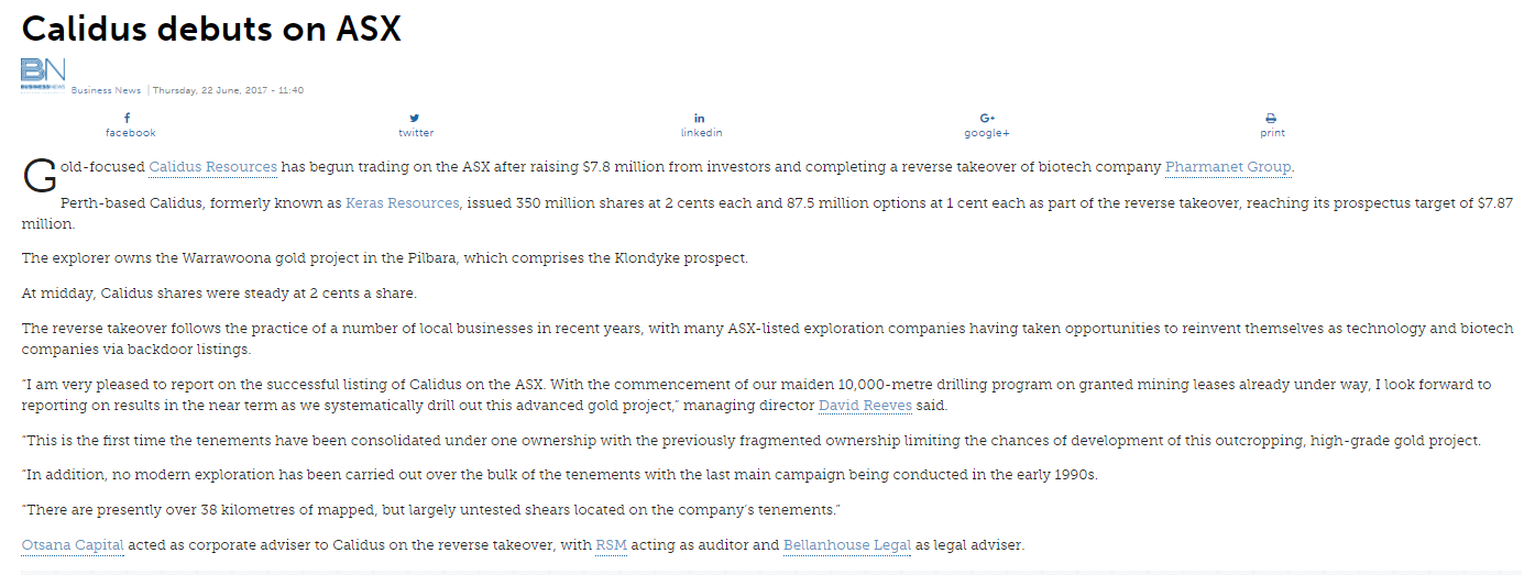 Calidus debuts on ASX