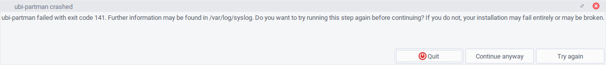 ubi-partman 141 error message