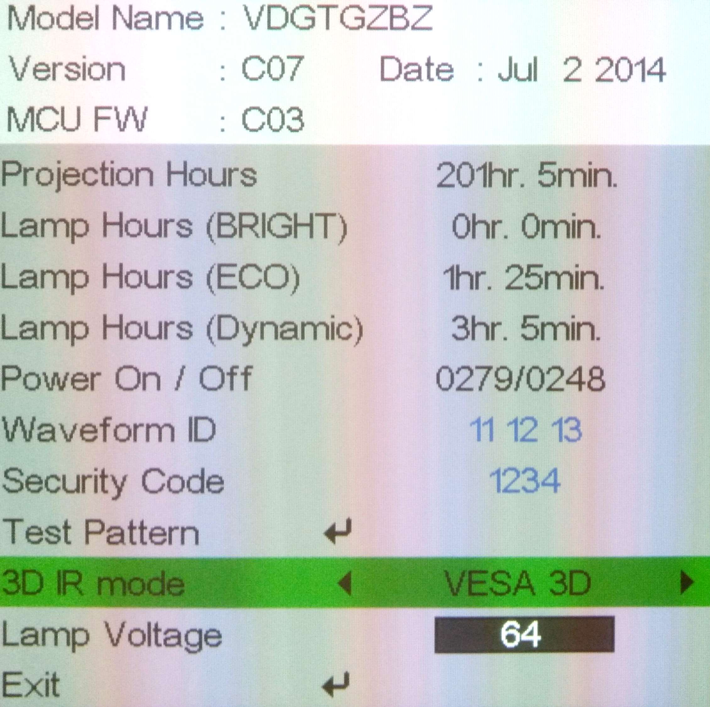 Optoma 1080e service menu
