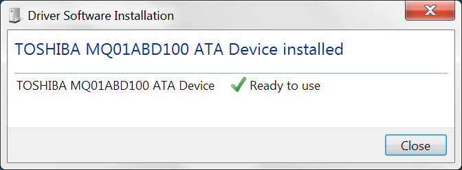 Toshiba HDD Driver succesfully installed