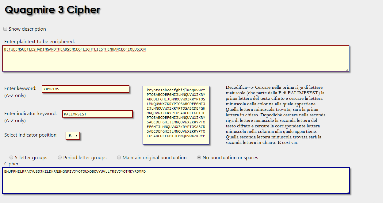 Vigenere Quagmire III (Kryptos I). Come funziona?