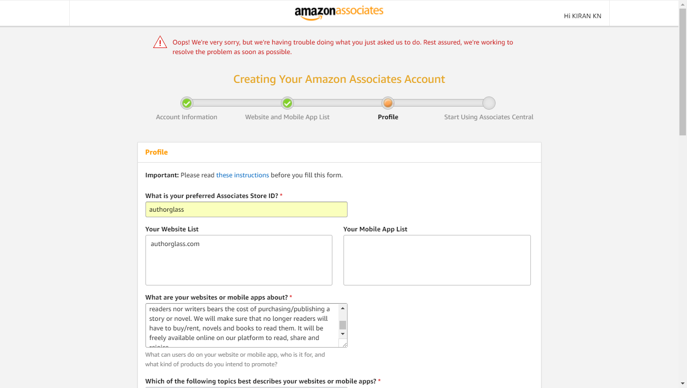 Amazon affiliate error