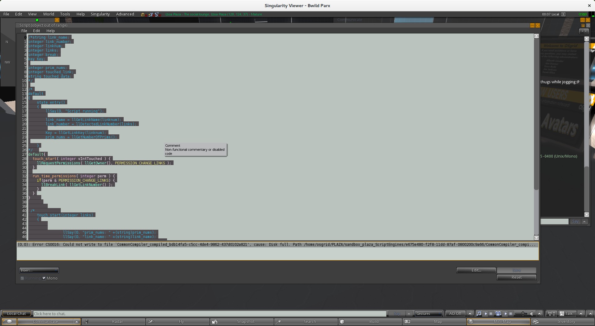 Sandbox Plaza disk full error for script compiling