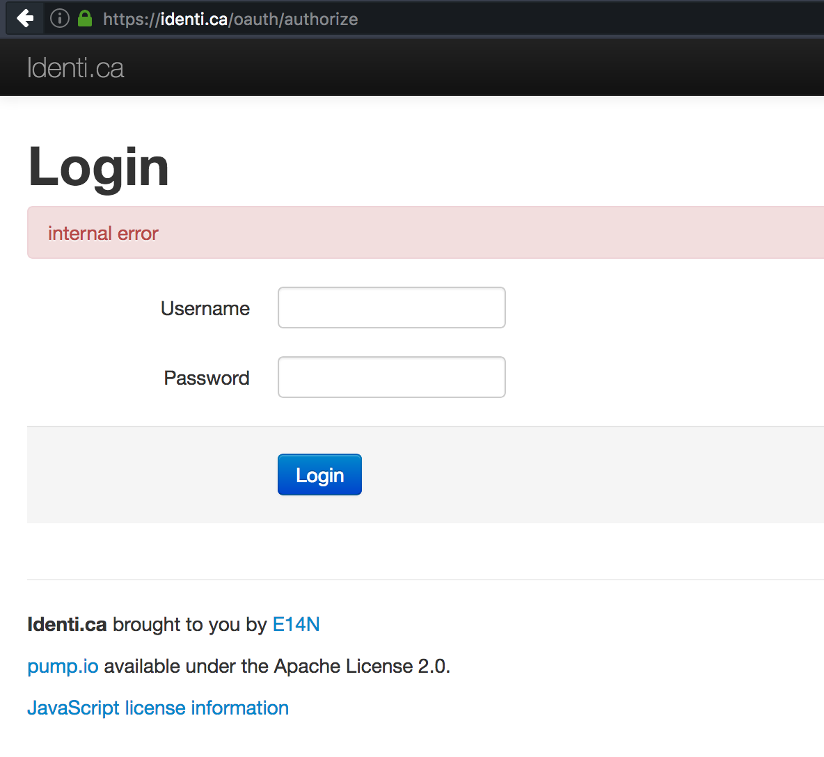 Pump.io internal error