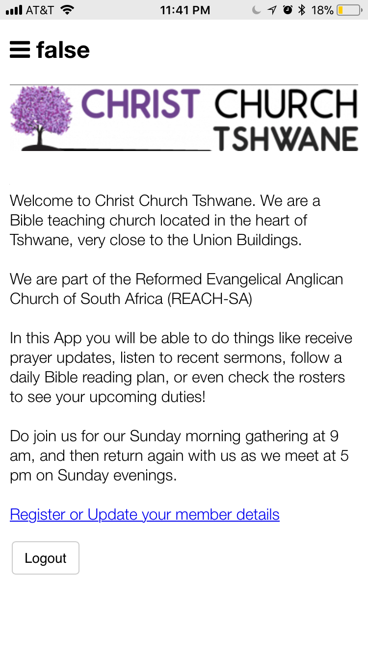 WP Church App - Christ Church Tshwane - "Says false in top left header"