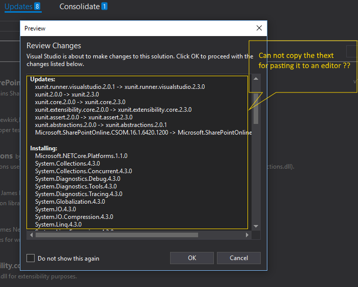 VS Solution Nuget Updates Review Changes cannot copy text
